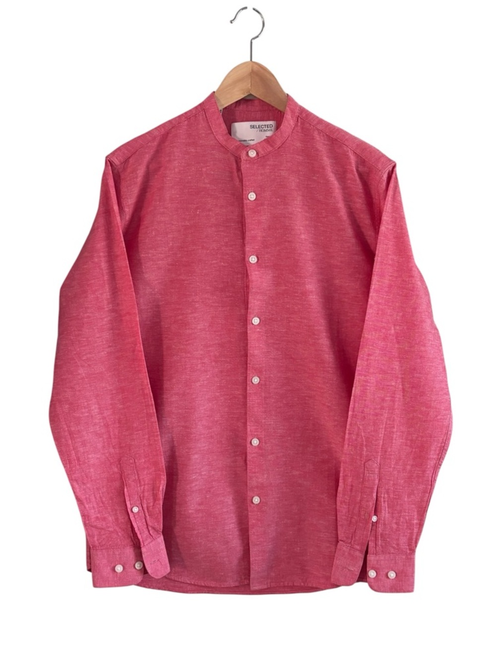 Selected Homme Men’s Pink Madarin-Collar Shirt Size 15 Preppy Cotton Linen